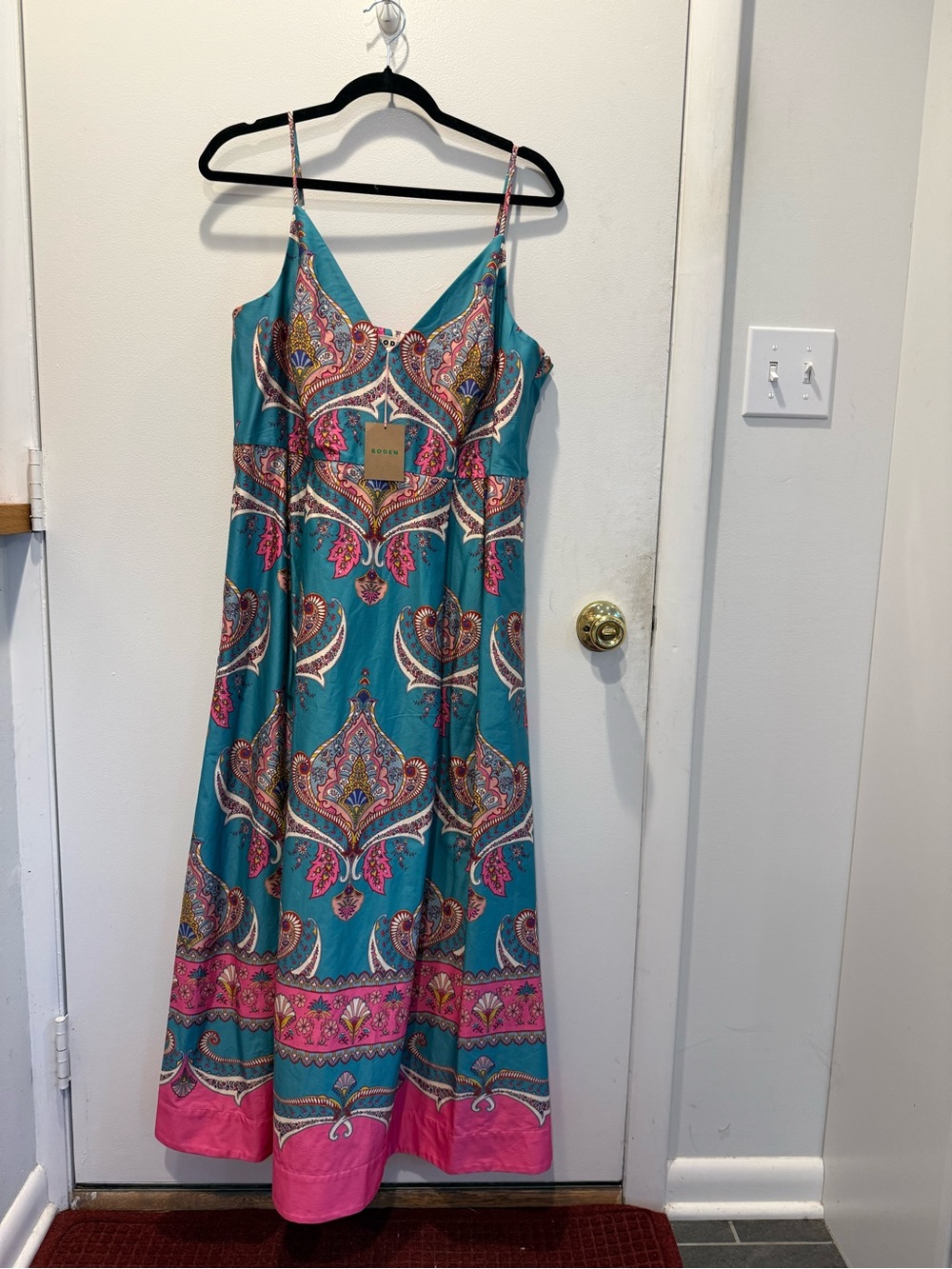 Boden Teal Paisley Midi Dress with Pink Border